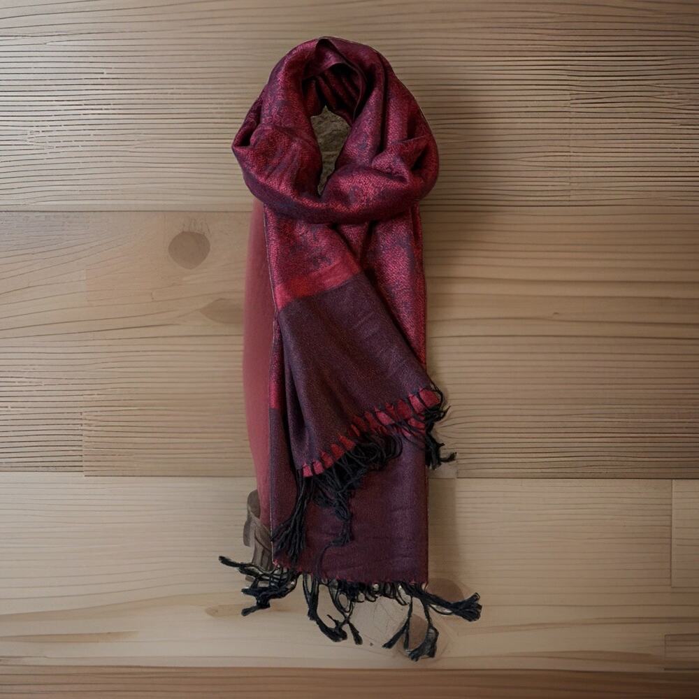 100% Pashmina Burgundy Black Paisley Shawl Wrap Scarf Fringe Boho Whimsigoth